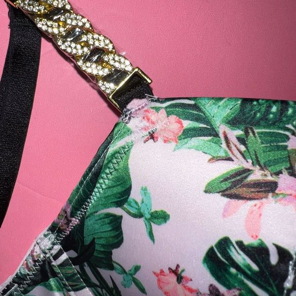 Victoria's Secret 32A,32B BOMBSHELL BRA SET XS GREEN pink Palm Gold SHINE STRAP - Picture 2 of 4